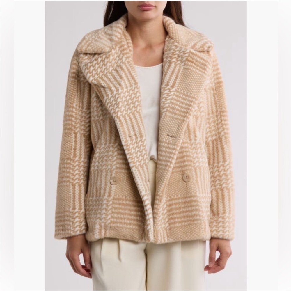 Elie. Elie Tahari Tan and White Houndstooth Faux Fur Double Breasted Jacket L - Picture 1 of 14